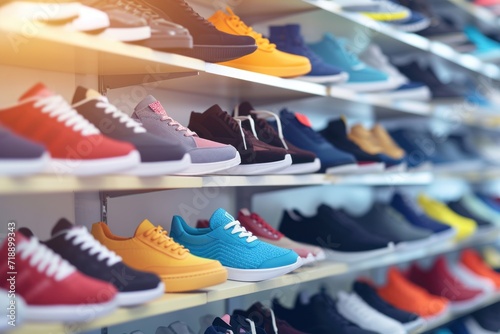 Shelves with many different footwear at shoes store - thrift shopping or secondhand store. Reselling concept. Shoes stall against blurred store background with copy space