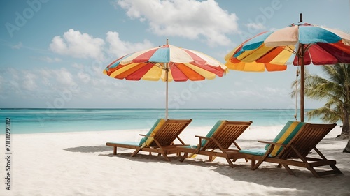 A serene beach scene with crystal clear waters and soft white sand  dotted with colorful beach umbrellas and lounging chairs.  