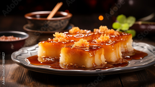 Savor the auspicious taste of Nian Gao, a symbolic Chinese rice cake, representing prosperity and forward momentum, a delectable centerpiece for joyous festivities.