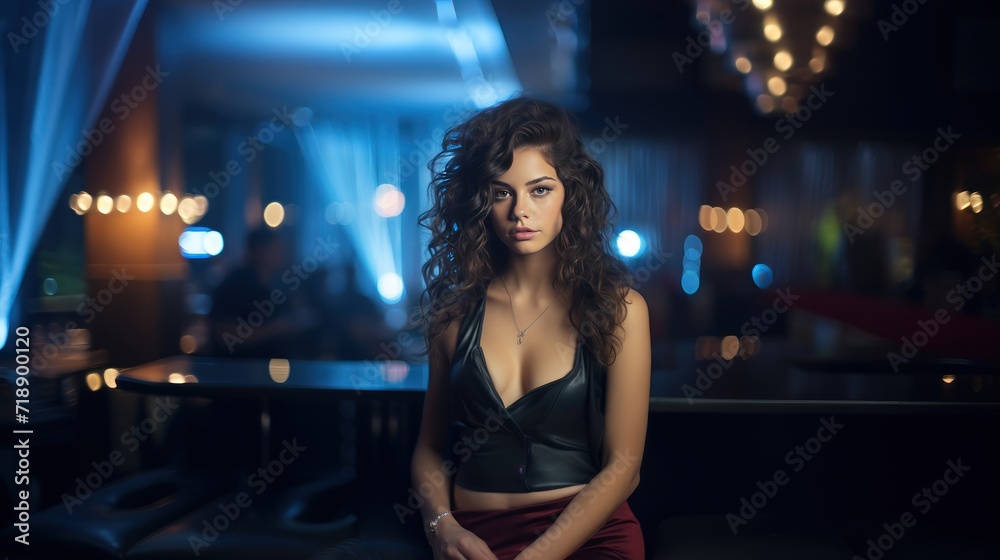 Sexy dance girl in a erotic dress posing in dark neon night club, neon lights, background with a copy space. Sensual woman posing at night club.
