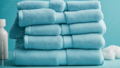 Light blue spa towels pile, bath towels lying in a stack on light blue peaceful background with copy.