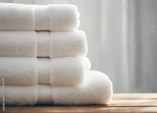 Light white spa towels pile, bath towels lying in a stack on light white peaceful background with copy space