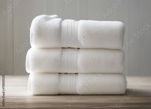 Light white spa towels pile, bath towels lying in a stack on light white peaceful background with copy space