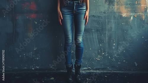 Young woman in skinny jeans on dark background, closeup photo