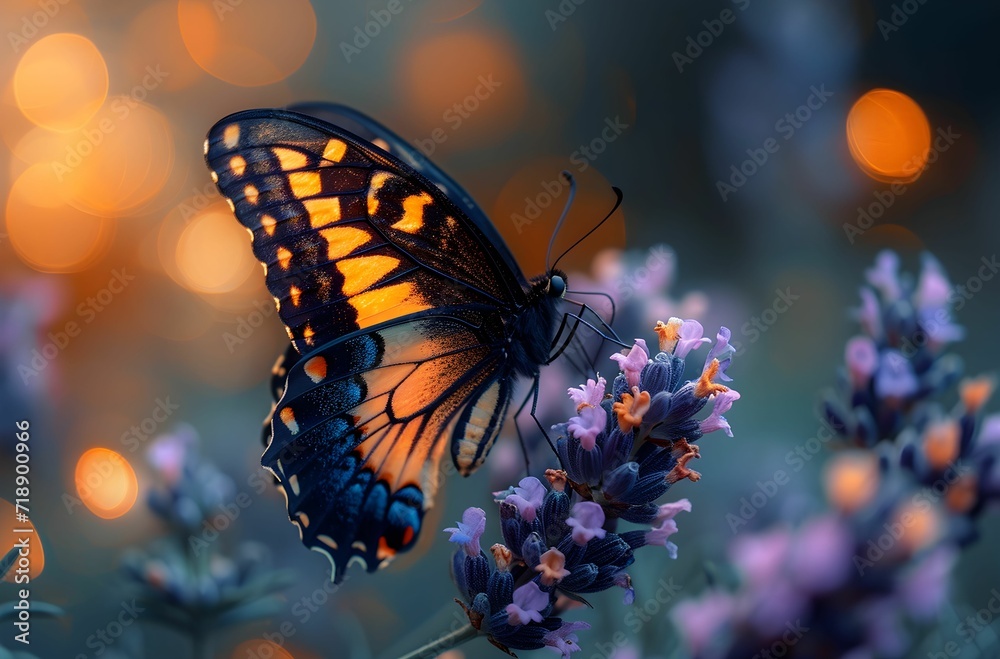 A butterfly resting on purple flowers with a close-up shot. A butterfly sits on a purple flower. A butterfly resting on purple flowers with a close-up shot. A butterfly sits on a purple flower.