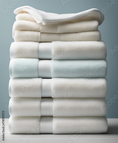 Light white spa towels pile  bath towels lying in a stack on light white peaceful background with copy space  
