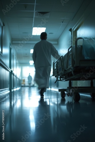 A solitary doctor walks down a hospital corridor, evoking a sense of urgency and care