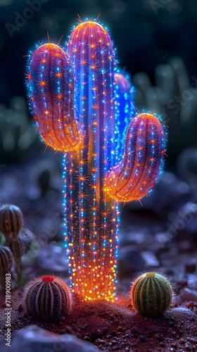 multi-colored cactus with neon bright heads. neon cactus on dark background. vertical orientation