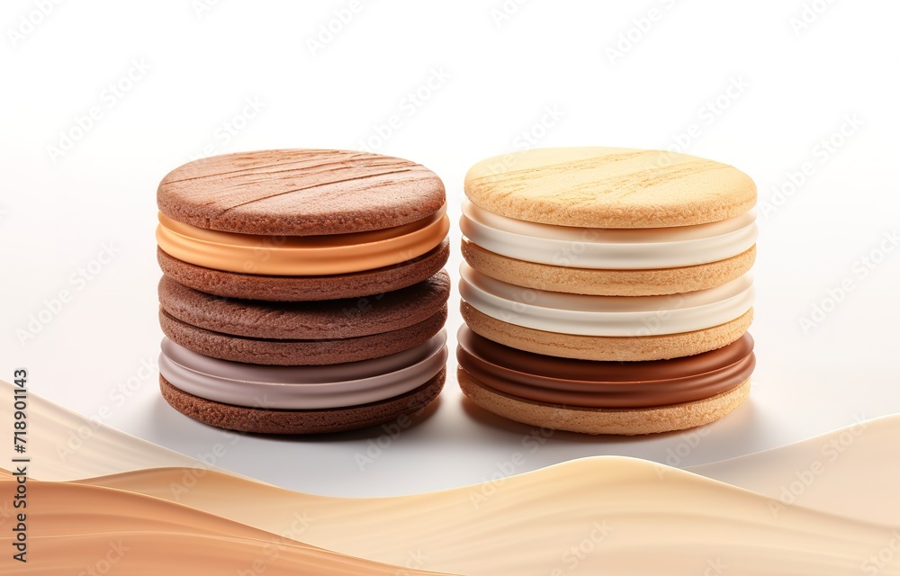 Stack of cookies with vanilla jam and chocolate in photo on white background. generative AI