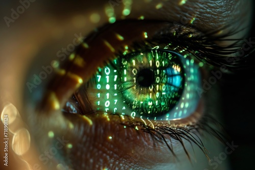 Close-up of a human eye reflecting a luminous binary code, suggesting digital vision