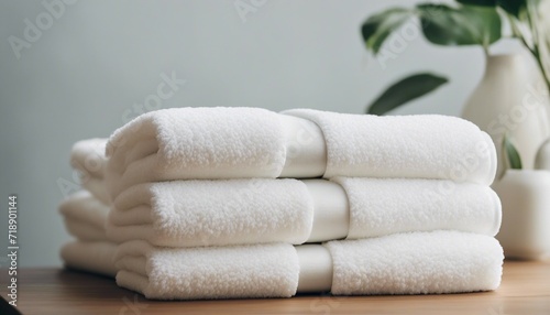 Light white spa towels pile, bath towels lying in a stack on light white peaceful background 