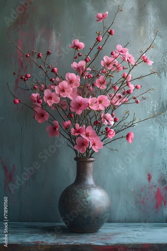 fresh pink cherry blossom twigs brunch in old vase. blue background. vertical orientation