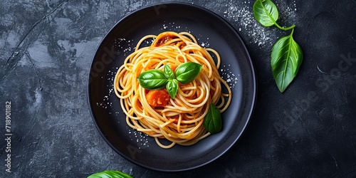 Freshly cooked Italian spaghetti with basil, tomato sauce, pasta bolognese, sauce with ground meat, wallpaper, background.