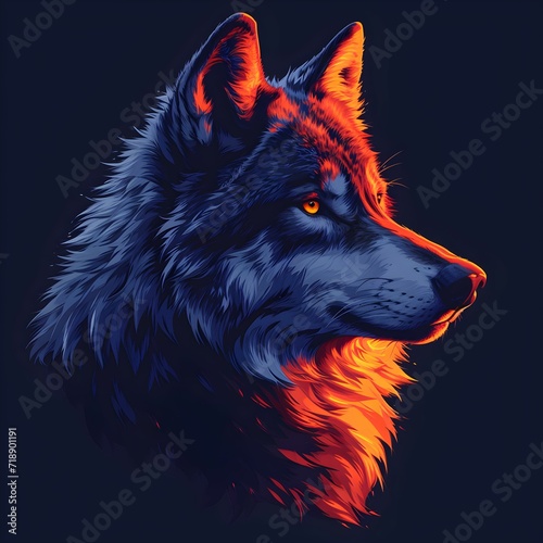 Vibrant Wolf Abstract. portrait of a wolf. dark blue and orange wolf isolated on dark background photo