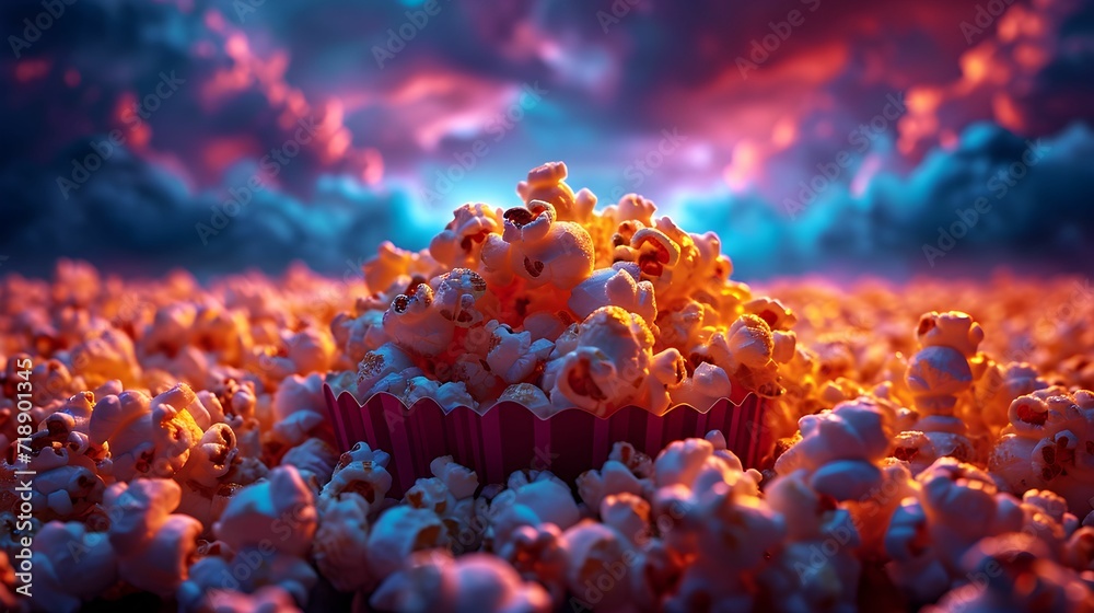bowl of popcorn. Neon pink blue light. Leisure and entertainment concept. - obrazy, fototapety, plakaty 