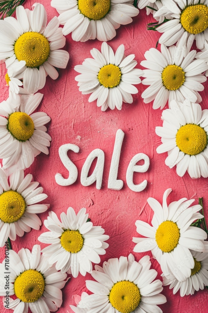 Obraz premium 'SALE' surrounded by white daisies on a textured pink surface