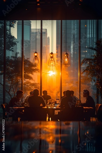 Business People Working In a Conference Room on sunset. vertical orientation photo