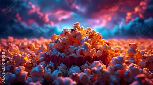 bowl of popcorn. Neon pink blue light. Leisure and entertainment concept. photo