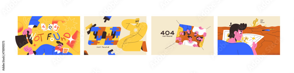 Error 404 concept set. Mistakes on website. Web page not found warning. Broken webpage access. Problems with internet connection. Alert about wrong online address of site. Flat vector illustrations Error 404 concept set. Mistakes on website. Web page not found warning. Broken webpage access. Problems with internet connection. Alert about wrong online address of site. Flat vector illustrations
