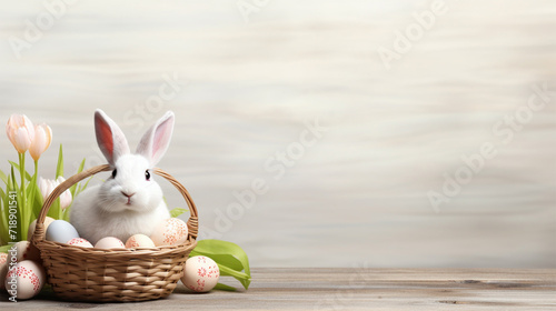 Lovely Easter fluffy bunny in a wicker basket with colorful Easter eggs and flowers against the backdrop of a green garden on a sunny day, with copy space. Symbol of Easter holiday.