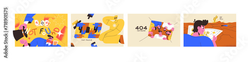 Error 404 concept set. Mistakes on website. Web page not found warning. Broken webpage access. Problems with internet connection. Alert about wrong online address of site. Flat vector illustrations