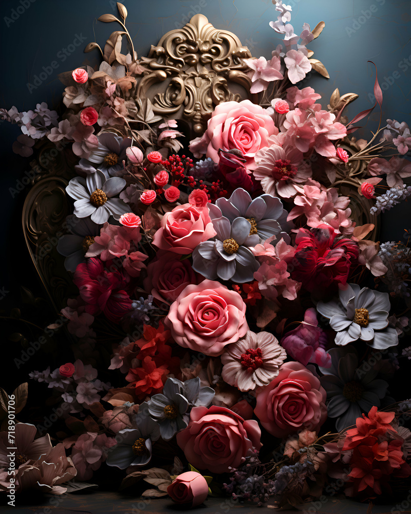 beautiful bouquet of flowers on a dark background. closeup