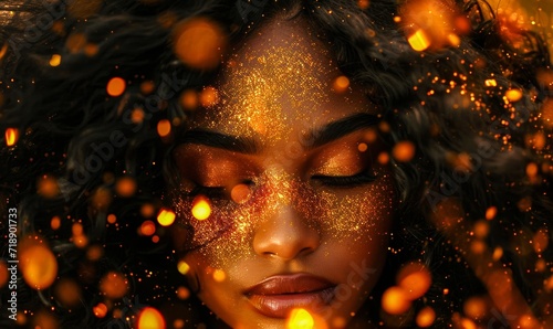 A stunning portrait of a woman with a captivating human face, adorned with shimmering flecks of glitter that radiate her inner strength and resilience
