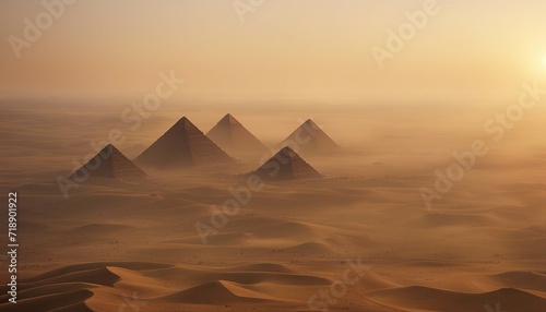 aerial view of the ancient Egyptian pyramids, it is foggy and sunrise
