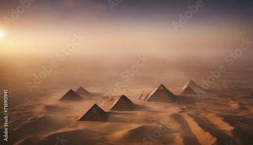 aerial view of the ancient Egyptian pyramids, it is foggy and sunrise  © abu