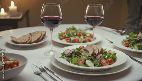 An elegant table set with plates of food, wine glasses, a bowl of salad, and a glass of wine 