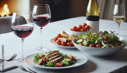An elegant table set with plates of food  wine glasses  a bowl of salad  and a glass of wine 