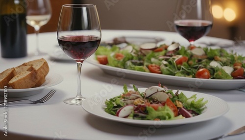 An elegant table set with plates of food  wine glasses  a bowl of salad  and a glass of wine 