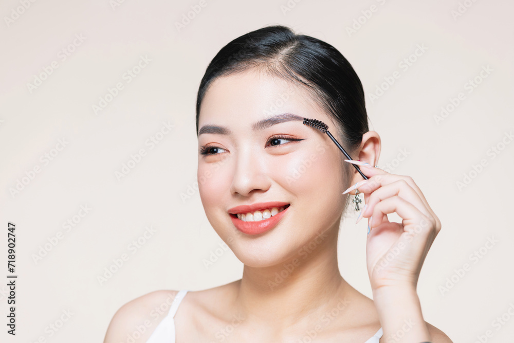attractive smiling woman portrait on beige background attractive smiling woman portrait on beige background