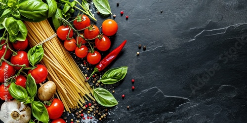 Dry spaghetti paste and vegetables for cooking on the black table,spices,garlic,basil,Italian cuisine,background.