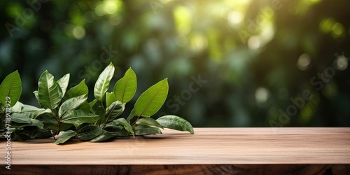Green leaf and wooden table counter backdrop showcasing an abstract garden.