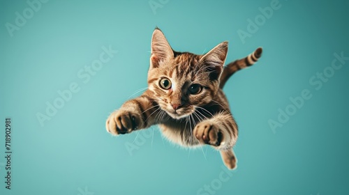 A curious kitten leaps into the vast blue sky, its fluffy fur and twitching whiskers embodying the grace and agility of its feline family © Radomir Jovanovic