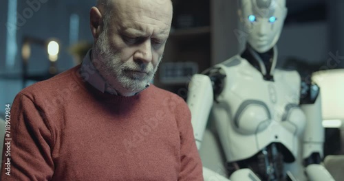Senior man and android AI robot at home photo