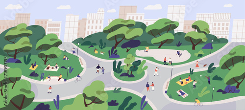 People walking in urban park panorama. Modern green city landscape. Tiny characters cycling, go picnic in recreation area. Summer activities outdoors with friends, family. Flat vector illustration