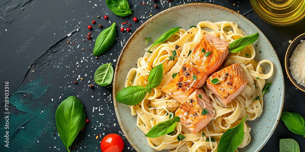 Pasta with seafood, salmon and shrimp, basil, cream sauce, Italian cuisine, background, wallpaper.