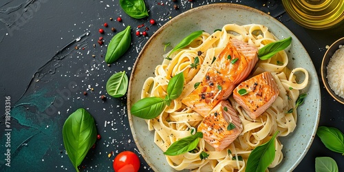 Obraz na płótnie Pasta with seafood, salmon and shrimp, basil, cream sauce, Italian cuisine, background, wallpaper. w salonie