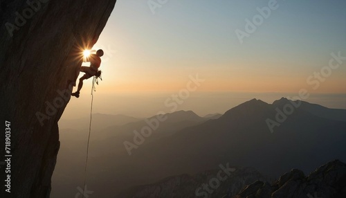 silhouette of a climber climbing a cliffy rocky mountain against the sun at sunse