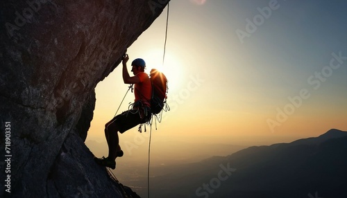 silhouette of a climber climbing a cliffy rocky mountain against the sun at sunse