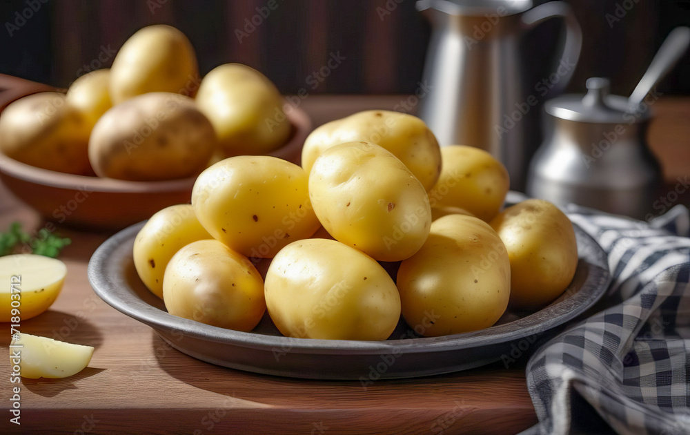 Cooked potatoes in jacket on plate on table Cooked potatoes in jacket on plate on table