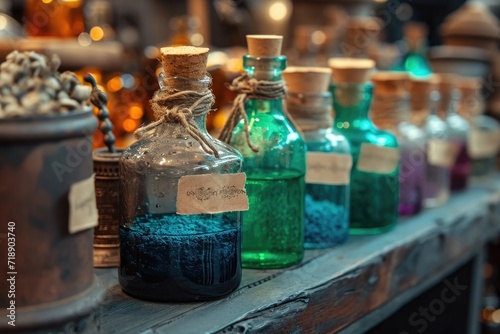 A close-up of a potion bottle with labels indicating magical ingredients 