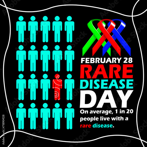 Rare Disease Day event banner. People icons with bold text, sentences and colorful ribbons on black background to commemorate on February 28