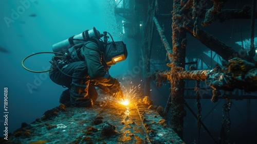 An underwater scene featuring a welder in advanced diving equipment, performing critical maintenance on the foundation of an oil rig, illuminated by the welding torch light photo