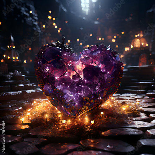 Magic crystal heart on the background of the night city. 3D rendering