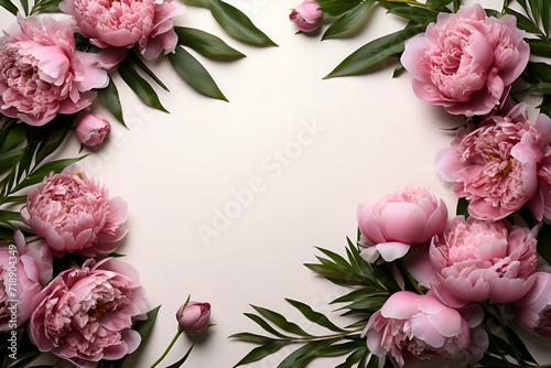 Frame made of beautiful peony flowers on light background. top view #718904349