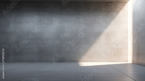 An empty room with gray textured cement walls with the effect of light beams from outside. generative AI