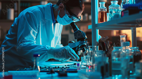 Forensic Scientist, A forensic expert analyzing evidence in a lab, with microscopes, evidence samples, and forensic tools. photo